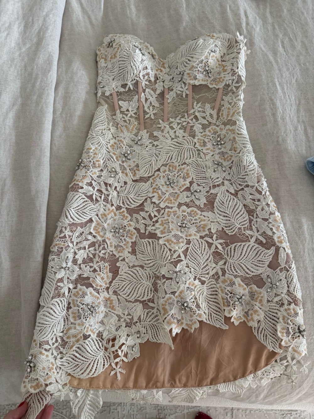 Sherri Hill Strapless Ivory Lace Appliqué Mini Dress
